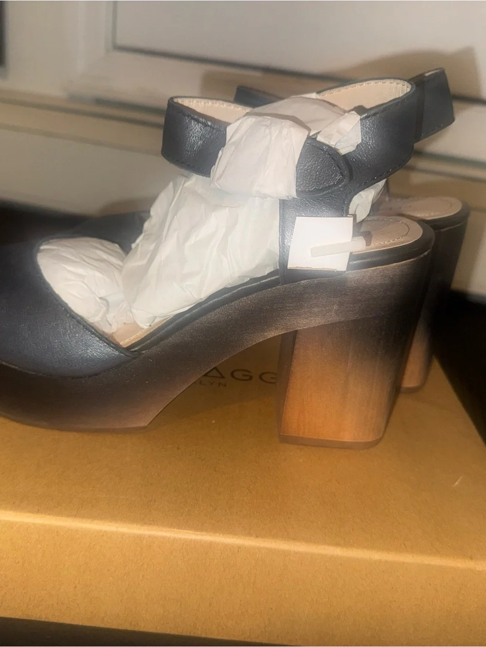 Kelsi Dagger Black Leather Platform Sandal with Bronze-Toned Block Heel